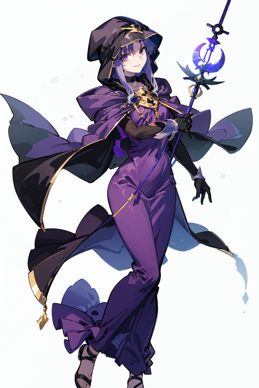 00416-1186048231-, medea _(fate_), _MedeaRobe, 1girl, solo, looking at viewer, smile, gloves, hat, white background, dress, full body, choker, bl.png